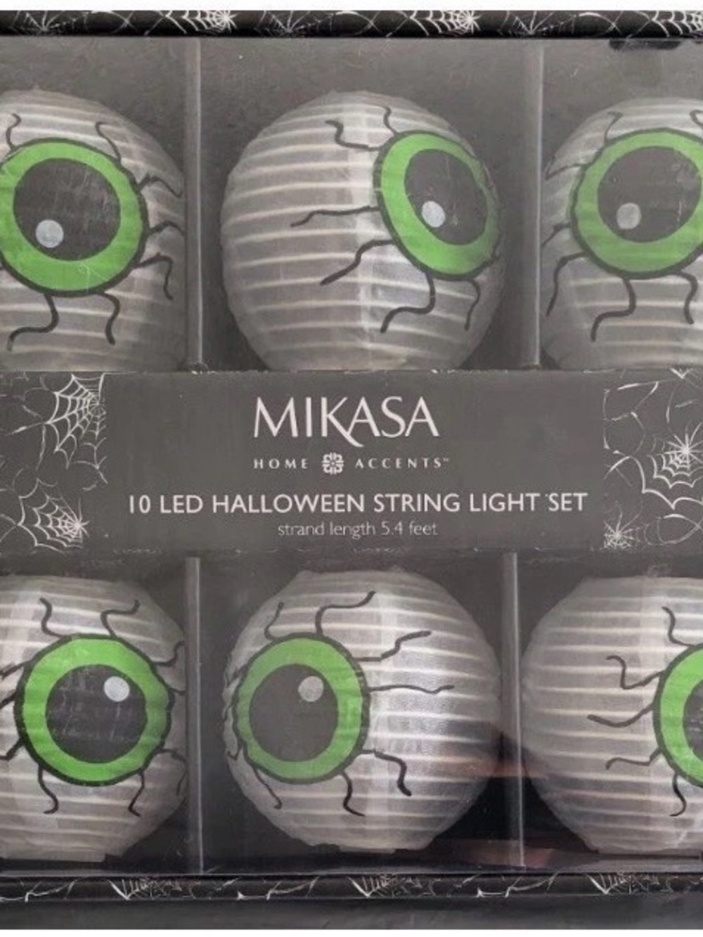 Mikasa Halloween String Lights 10 Ct Paper Lantern Eyeballs LED 5.4’ Battery